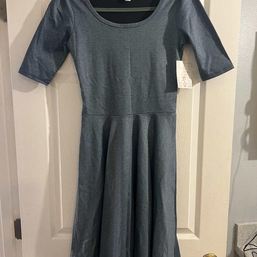 LuLaRoe Blue Fit and Flare Midi Dress with Cuffed 3/4 Sleeves